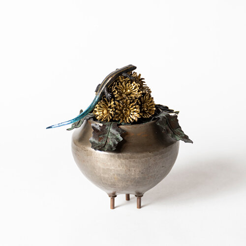 原田武:陽春-蒲公英と日本蜥蜴図三足香炉-